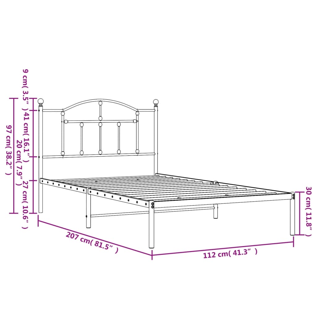 Bed frame with headboard metal white 107x203 cm