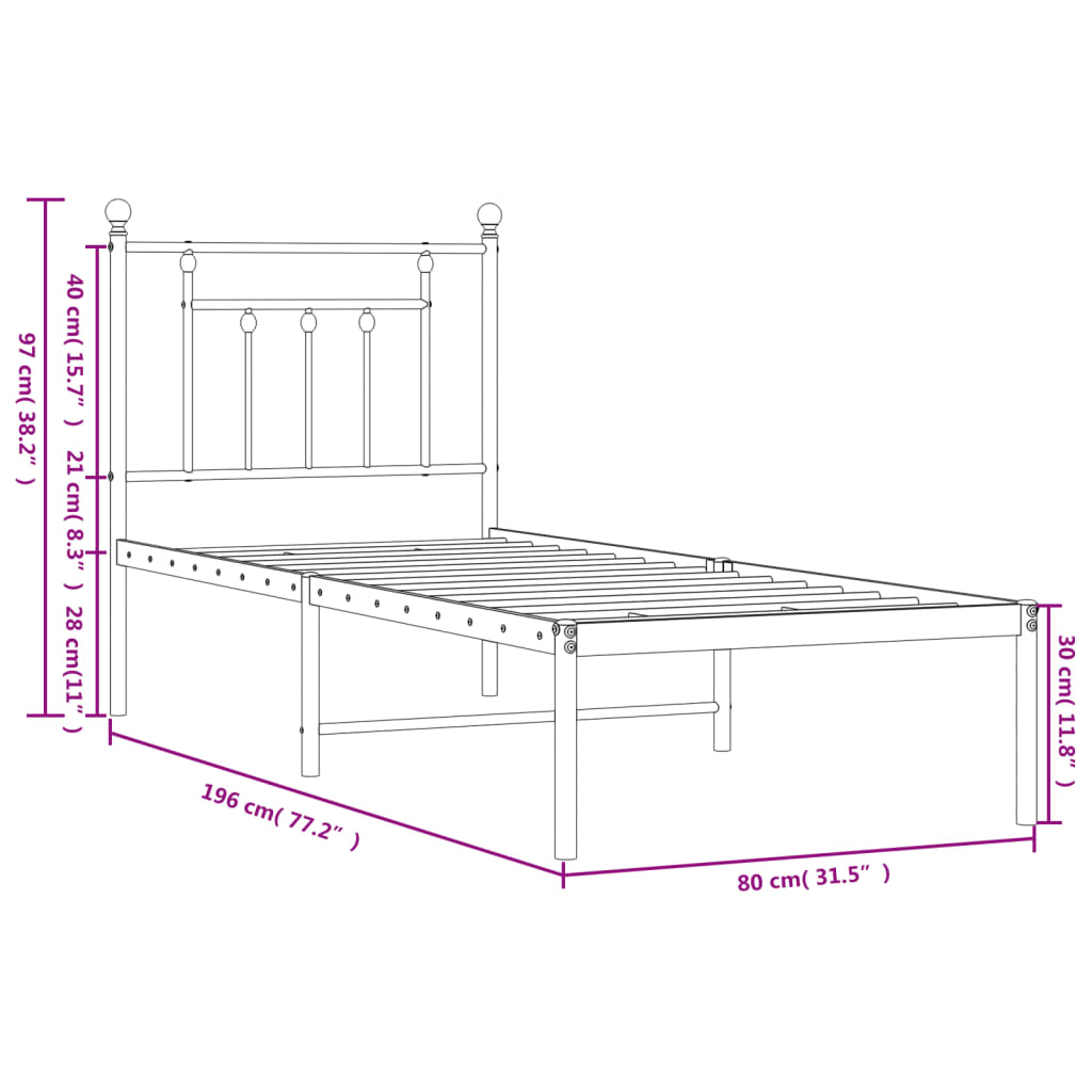 Bed frame with headboard metal black 75x190 cm