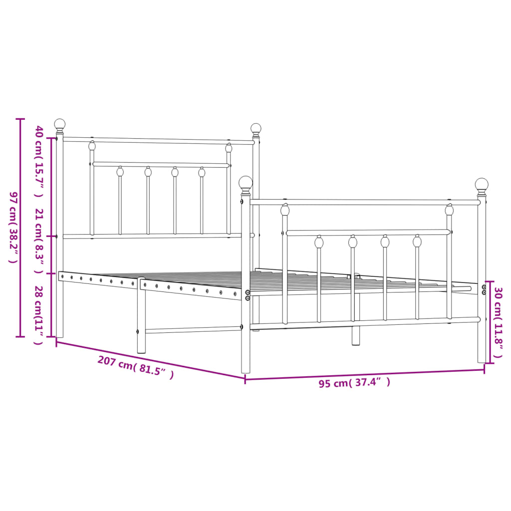 Bed frame with head and footboard metal white 90x200 cm