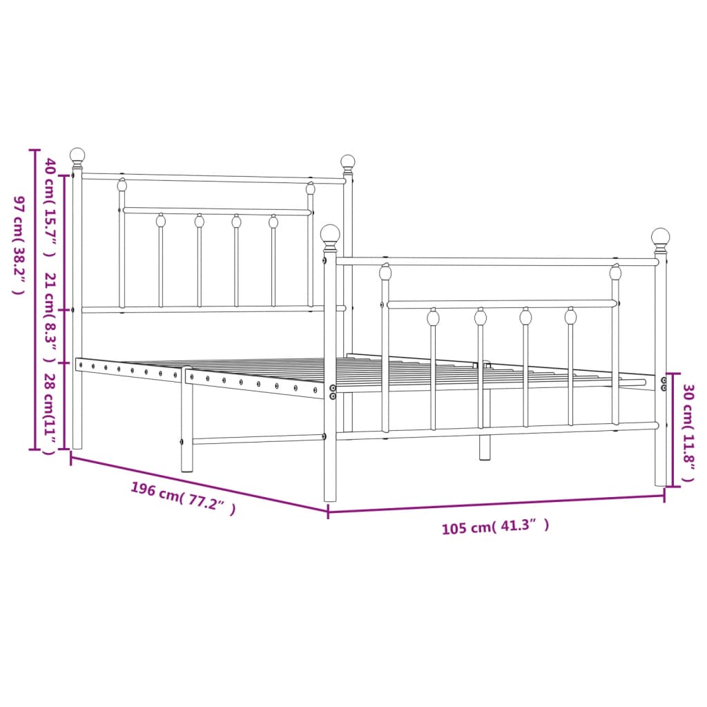 Bed frame with head and footboard metal white 100x190 cm