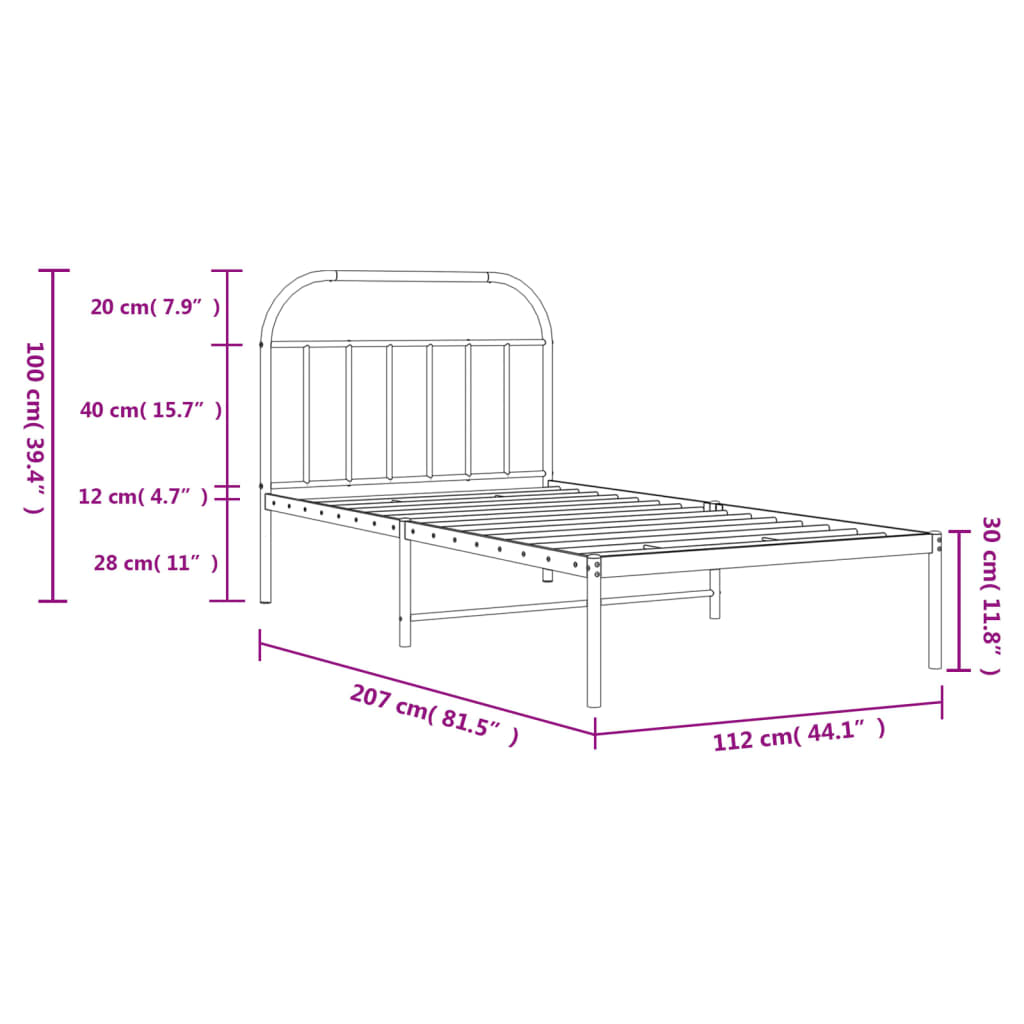 Bed frame with headboard metal black 107x203 cm
