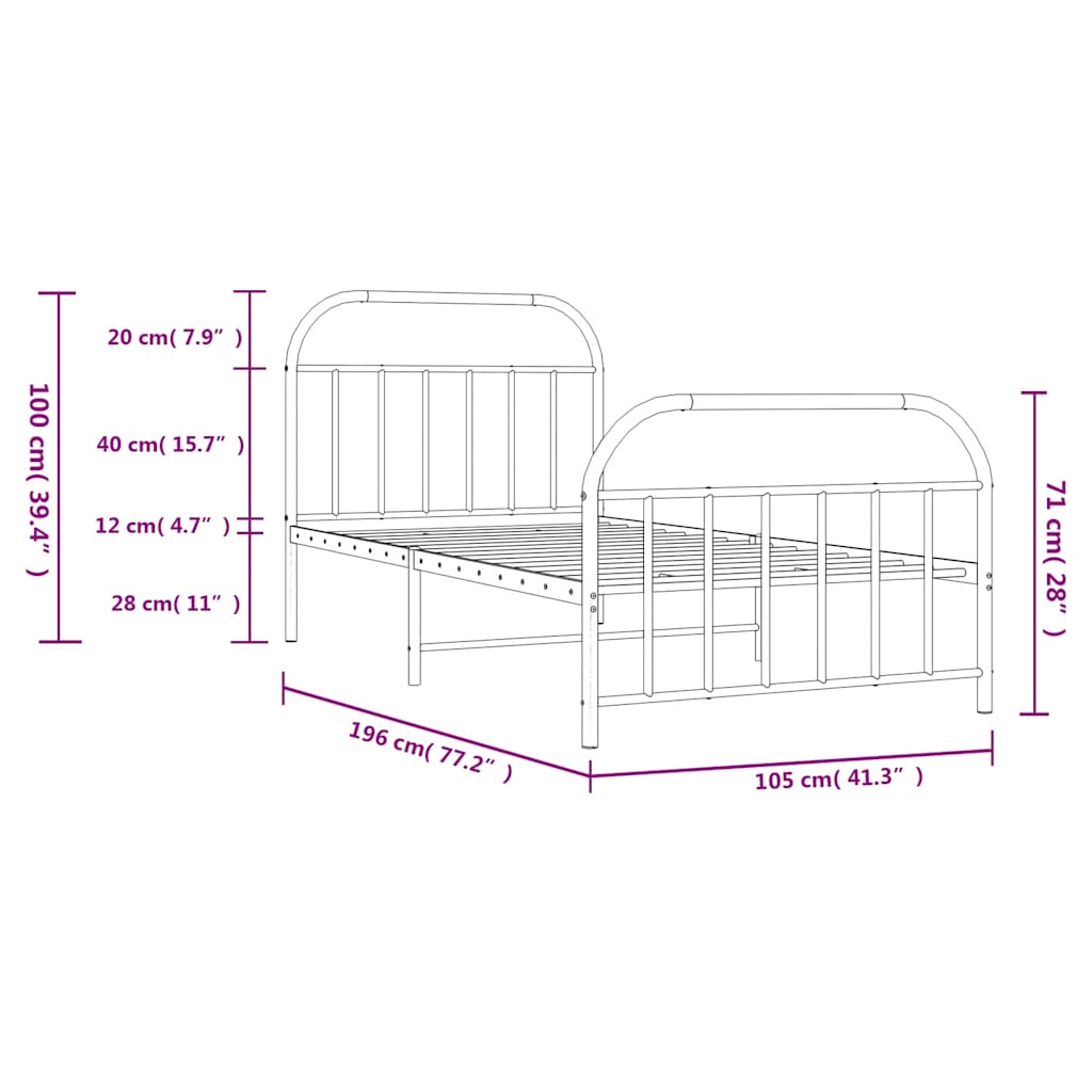 Bed frame with head and footboard metal black 100x190 cm