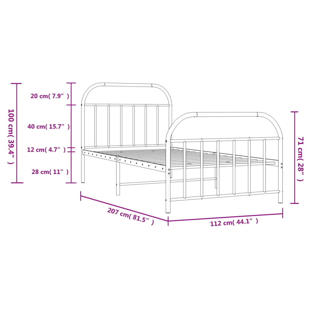 Bed frame with head and footboard metal black 107x203 cm