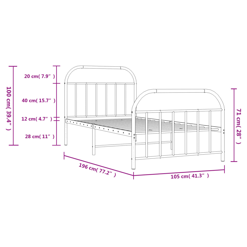 Bed frame with head and footboard metal white 100x190 cm