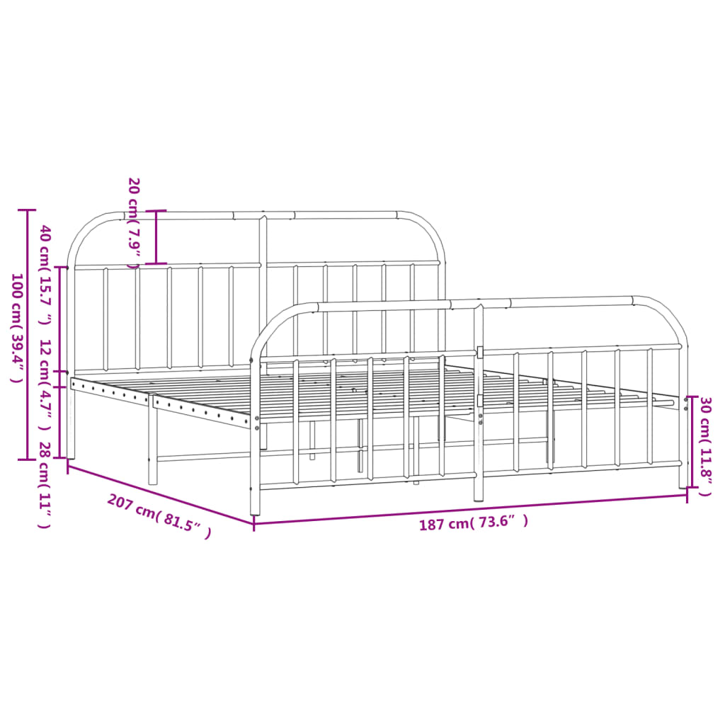 Bed frame with head and footboard metal white 180x200 cm