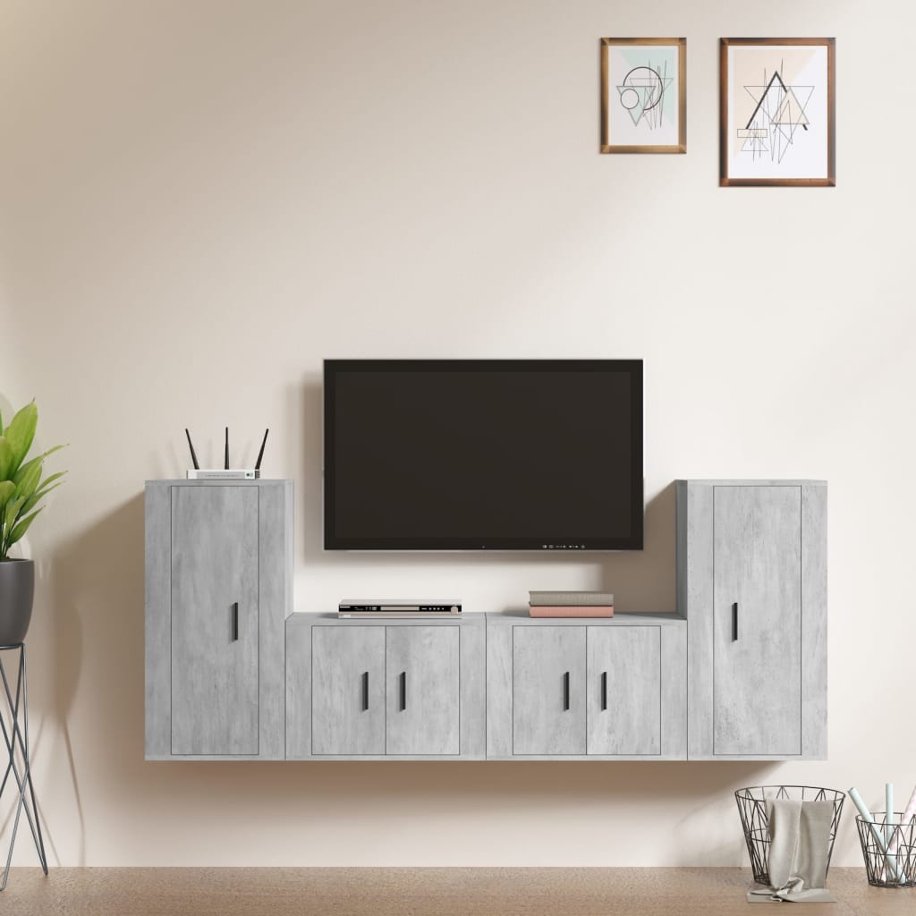 Ensemble de meubles TV 4 pièces en béton gris à base de bois