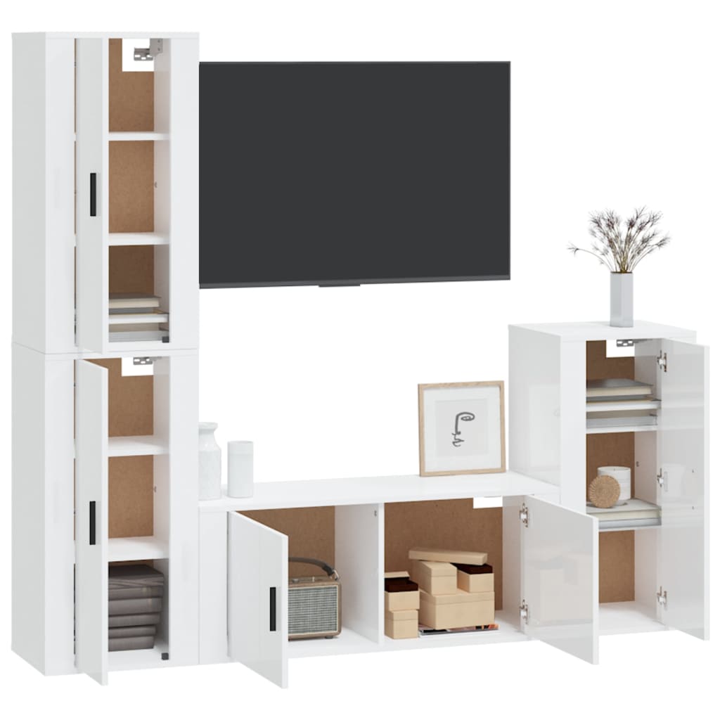 Ensemble de meubles TV 4 pièces, blanc brillant, matériau à base de bois