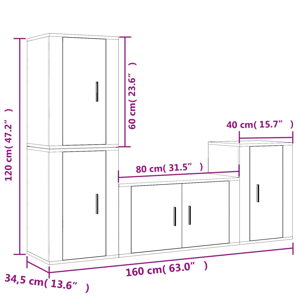 Ensemble de meubles TV 4 pièces en bois de chêne fumé