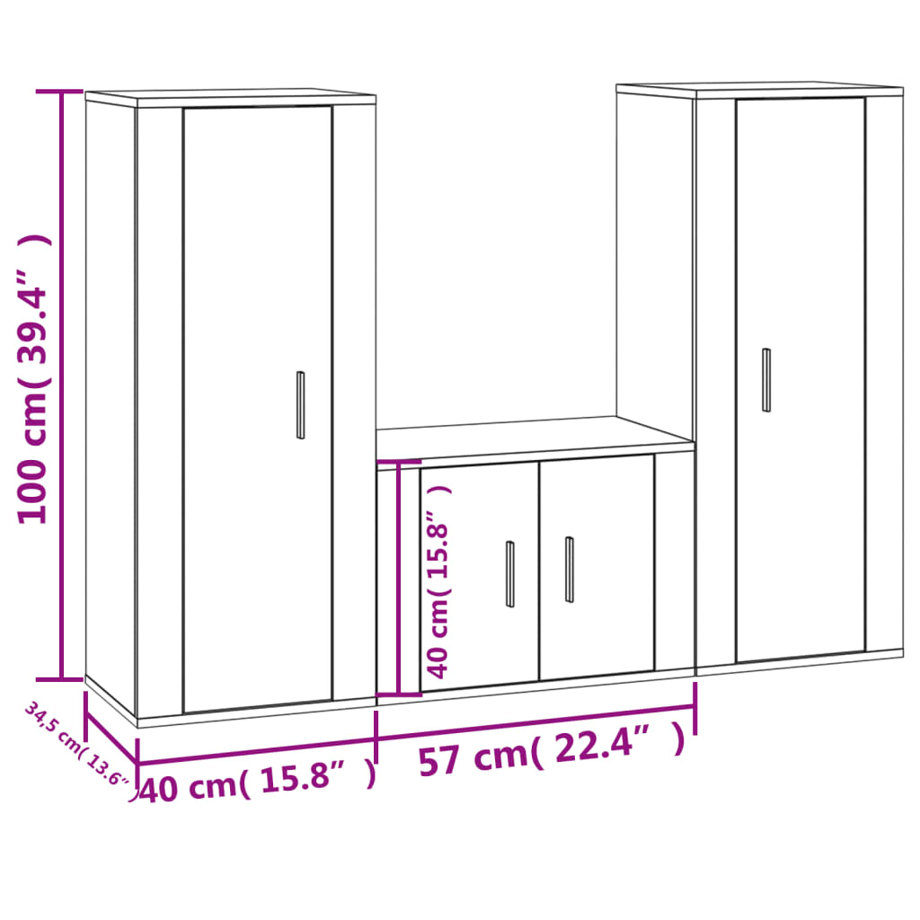 Ensemble de meubles TV 3 pièces en bois aspect chêne brun