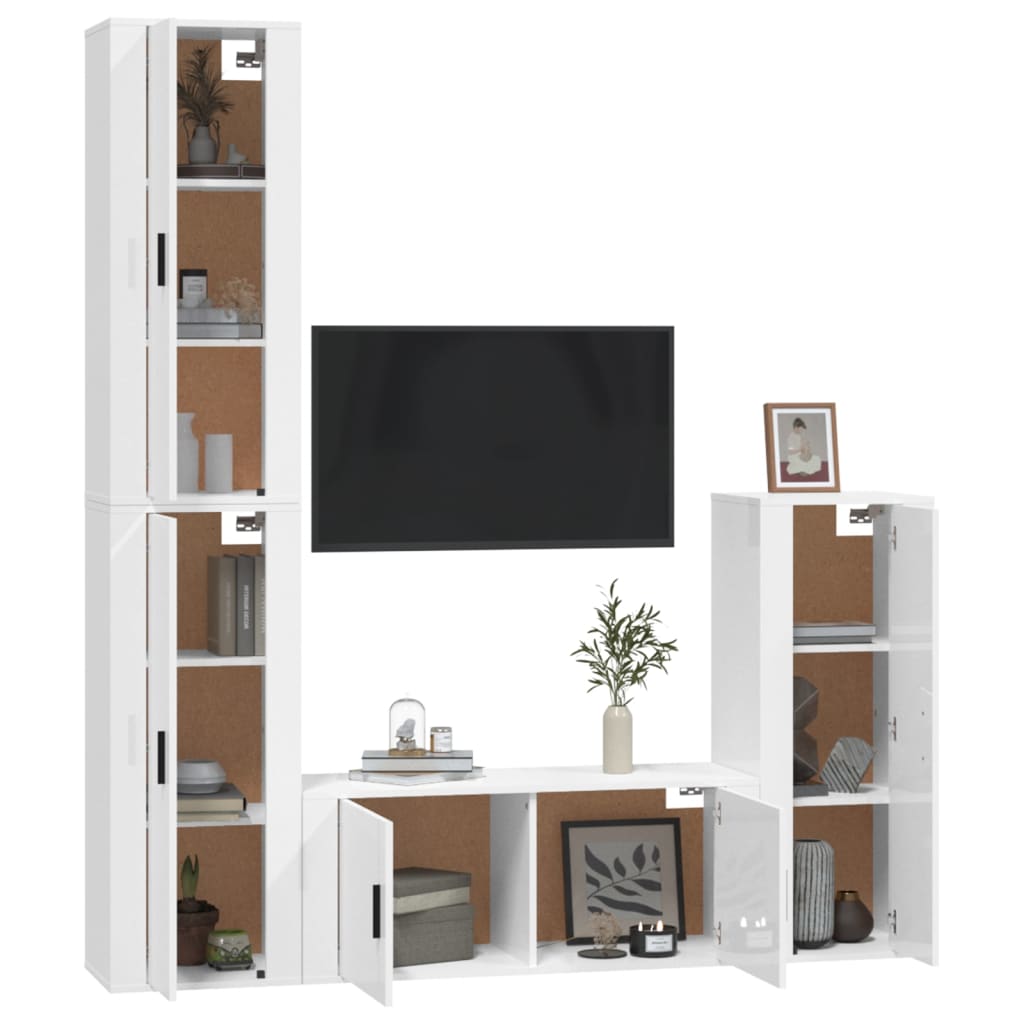 Ensemble de meubles TV 4 pièces, blanc brillant, matériau à base de bois