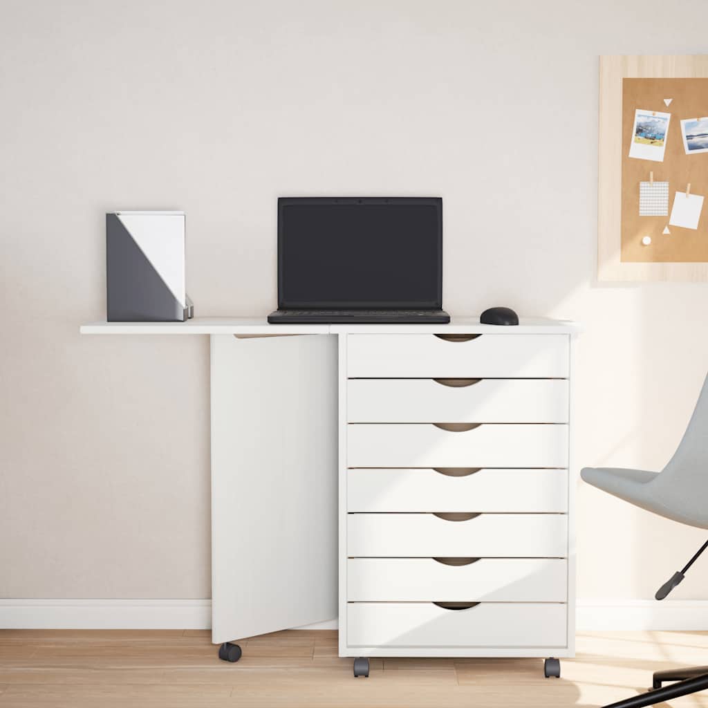 Rolling cabinet with desk MOSS white solid pine wood