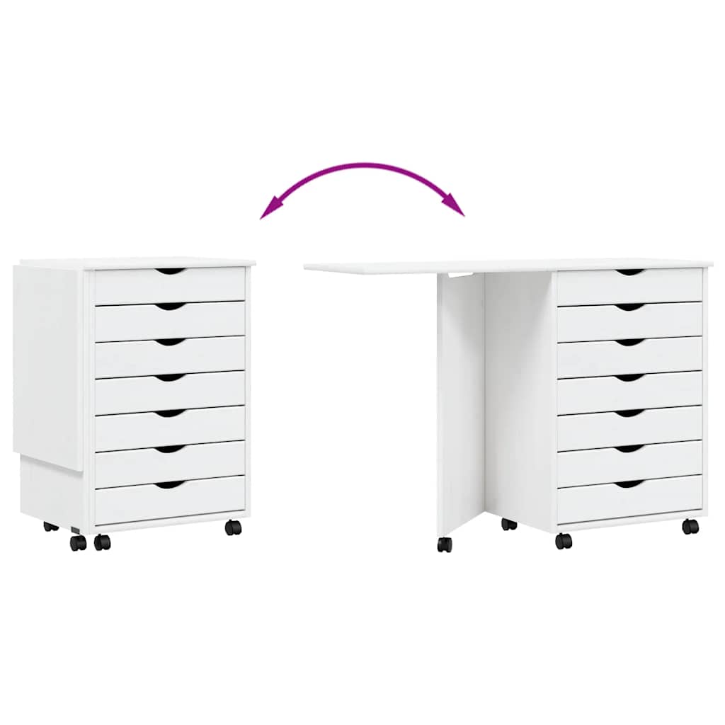 Rolling cabinet with desk MOSS white solid pine wood