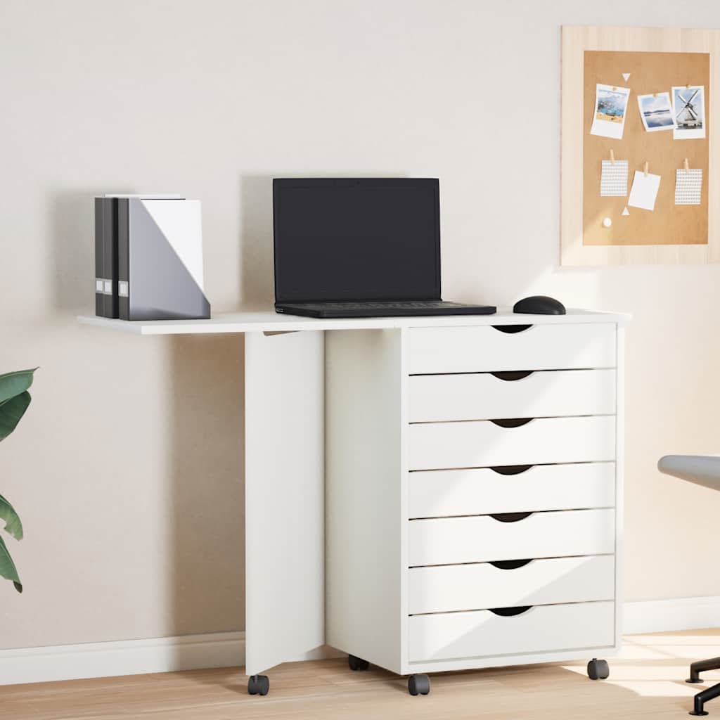 Rolling cabinet with desk MOSS white solid pine wood