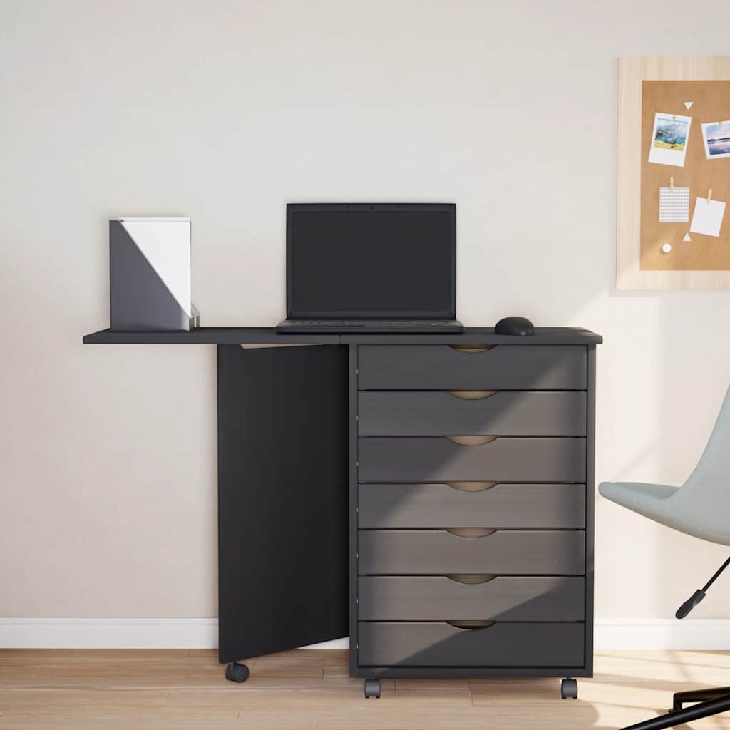 Rolling cabinet with desk MOSS grey solid pine wood