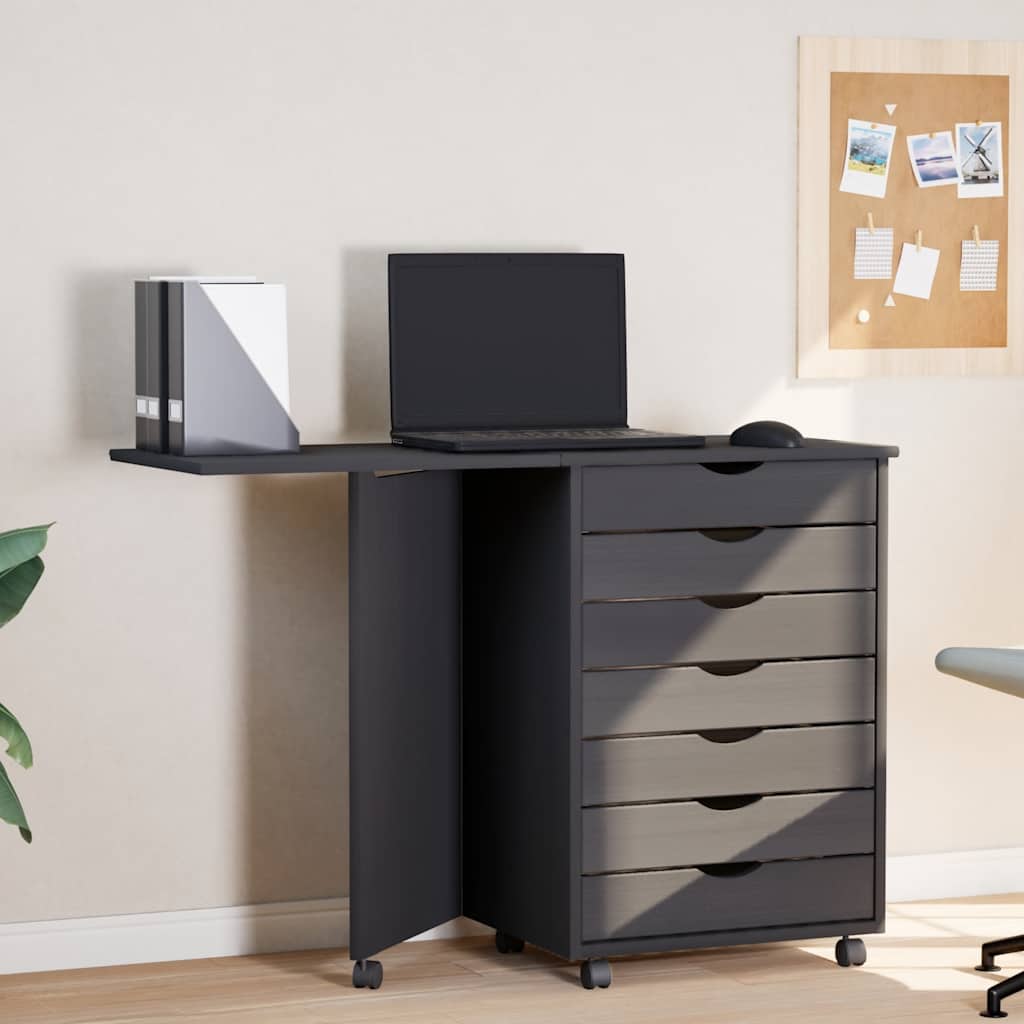 Rolling cabinet with desk MOSS grey solid pine wood
