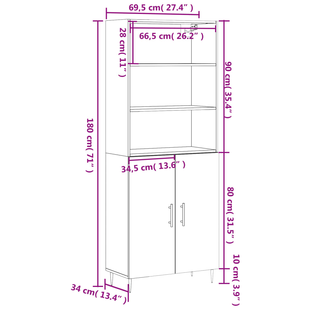 Highboard Grau Sonoma 69,5x34x180 cm Holzwerkstoff