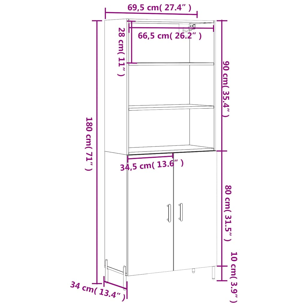 Highboard Grau Sonoma 69,5x34x180 cm Holzwerkstoff
