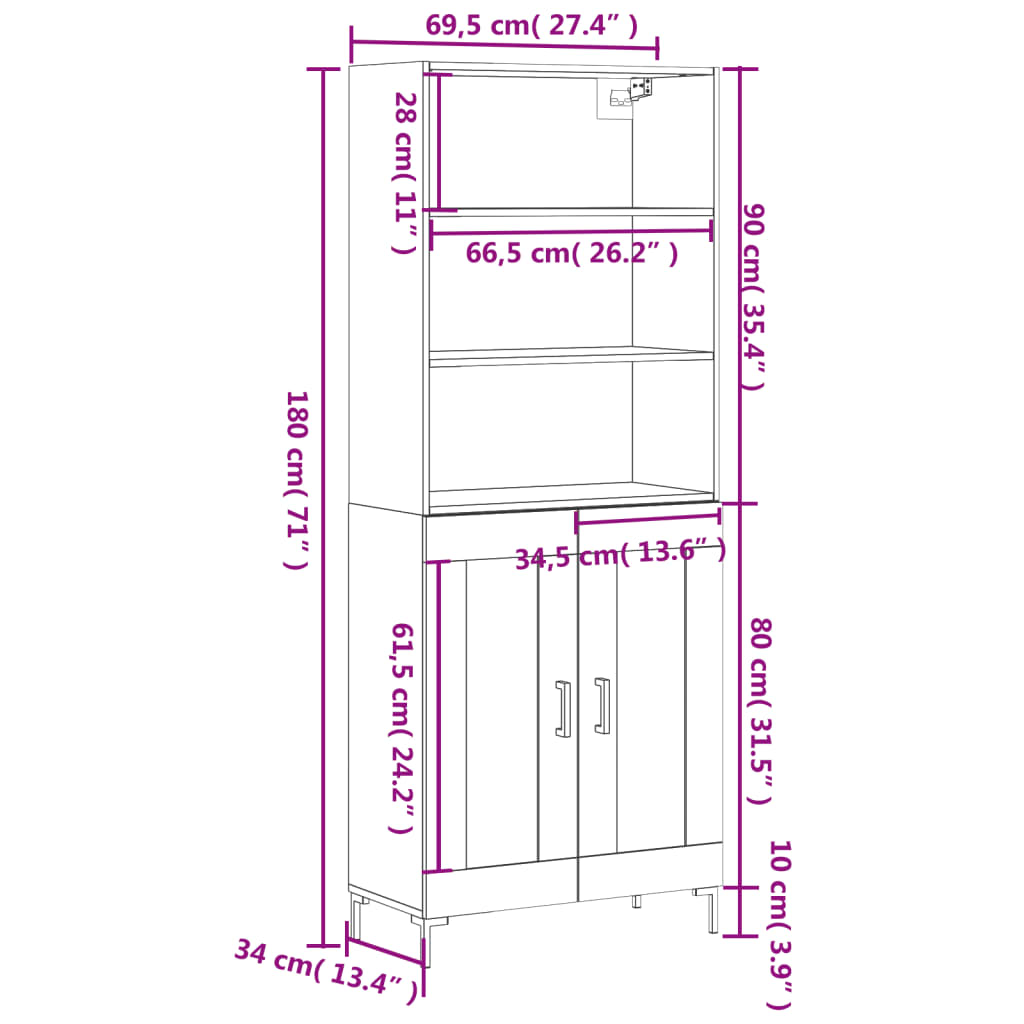 Highboard Betongrau 69,5x34x180 cm Holzwerkstoff