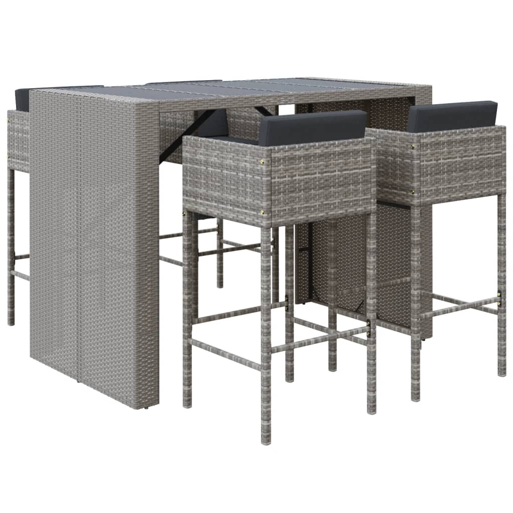 5-piece garden bar set with cushions, grey poly rattan