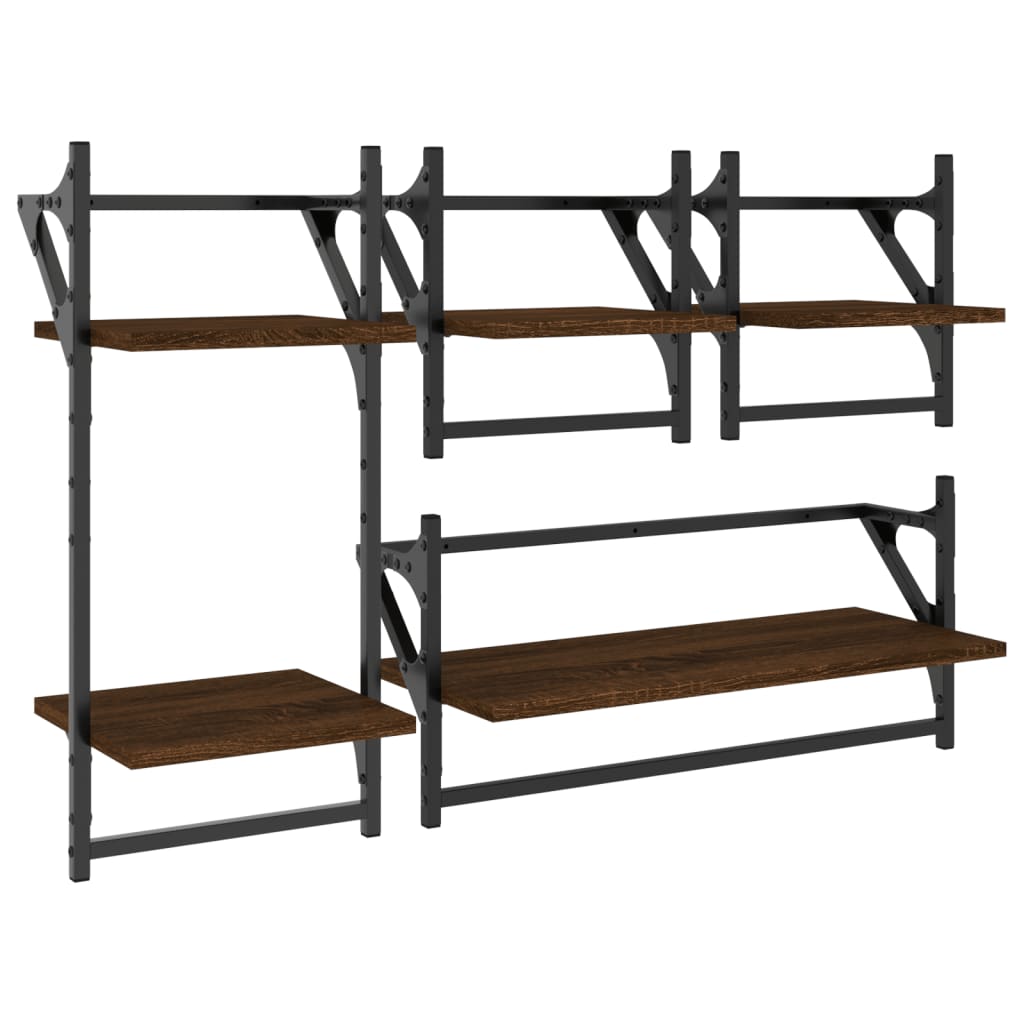 4-piece wall shelf set with rods brown oak look