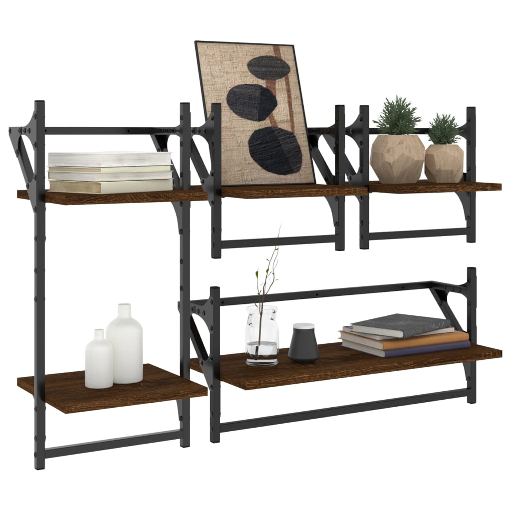 4-piece wall shelf set with rods brown oak look