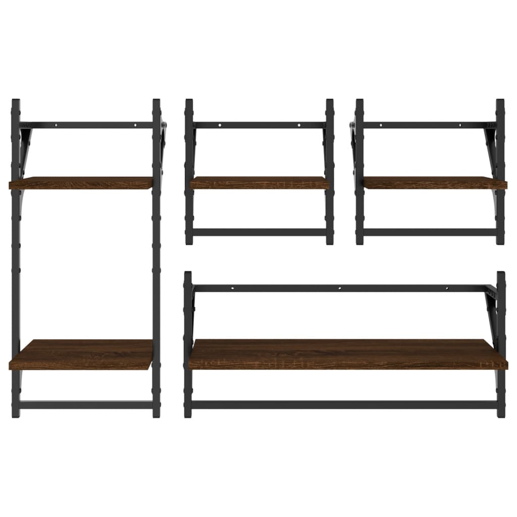 4-piece wall shelf set with rods brown oak look