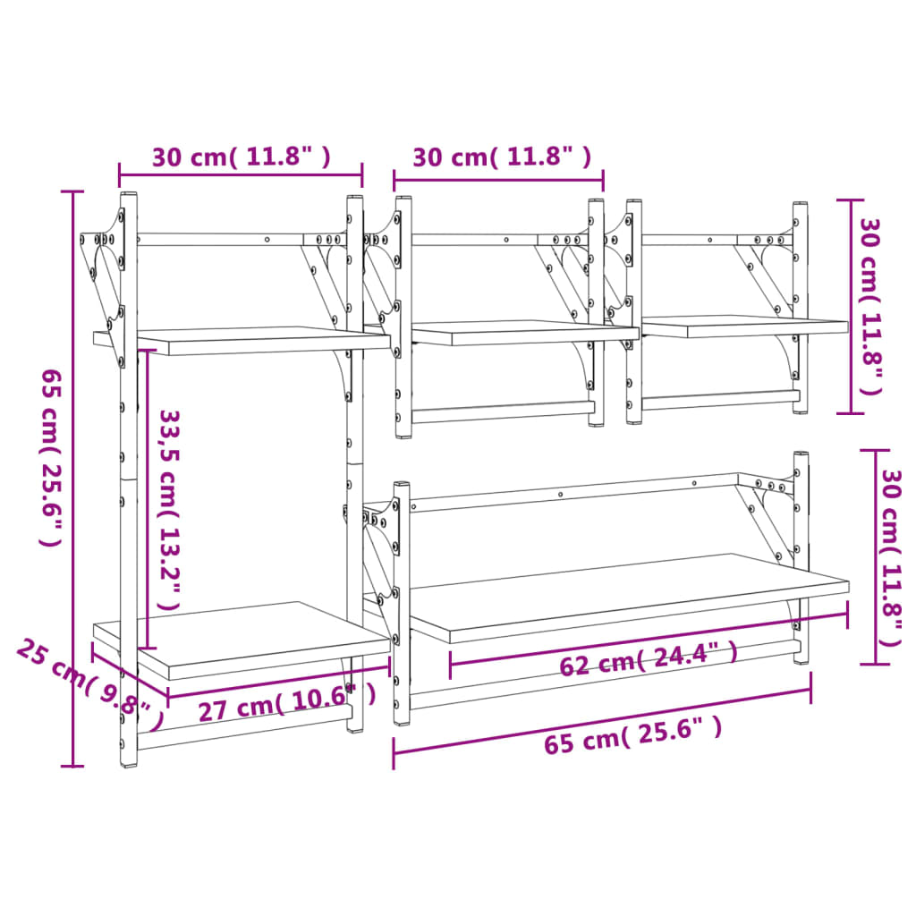 4-piece wall shelf set with rods brown oak look
