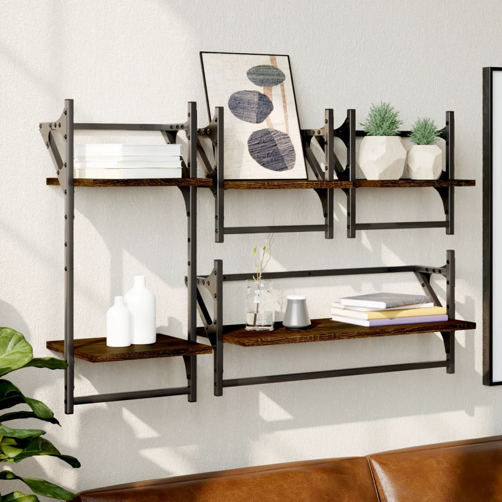 4-piece wall shelf set with rods brown oak look