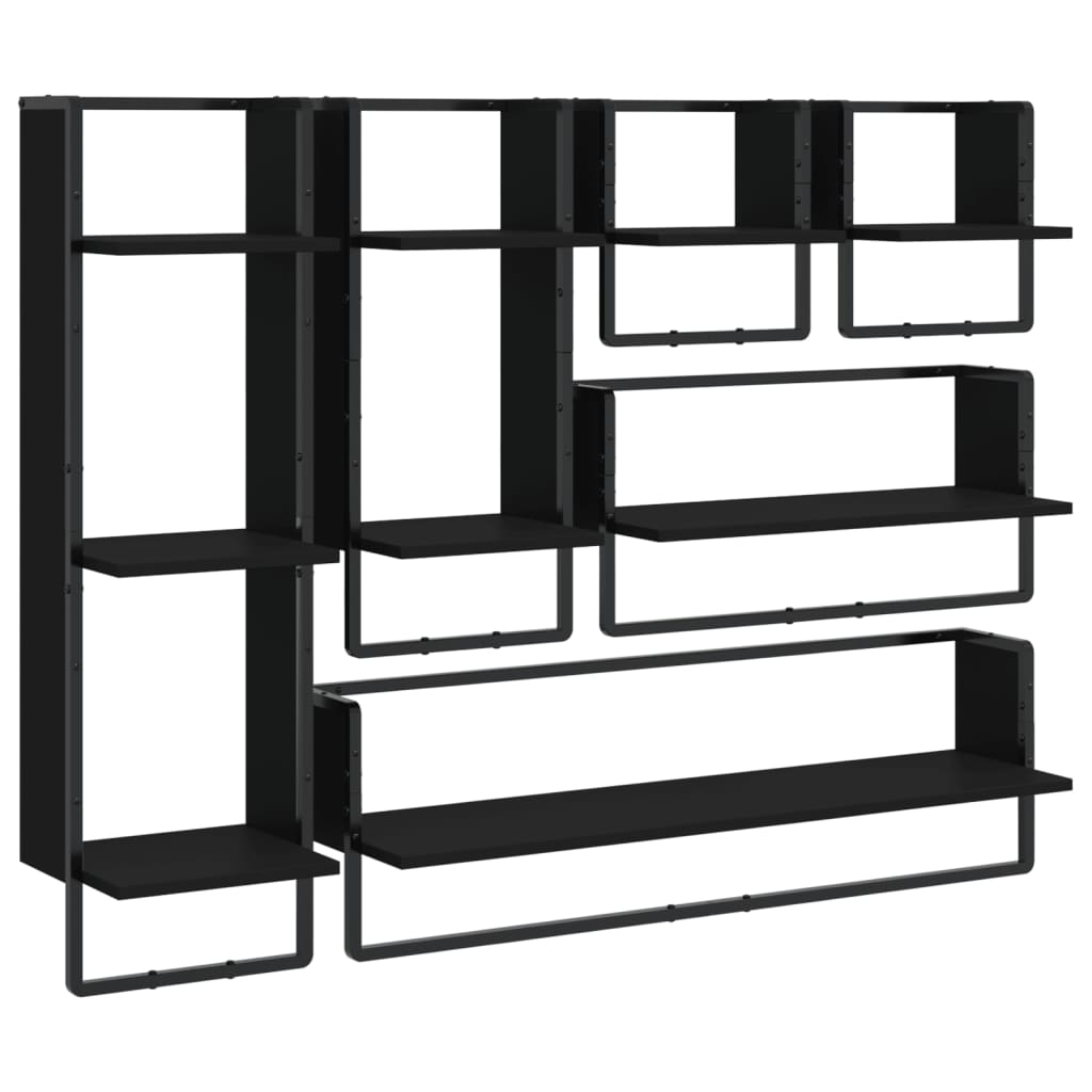 6-piece wall shelf set with rods black wood material