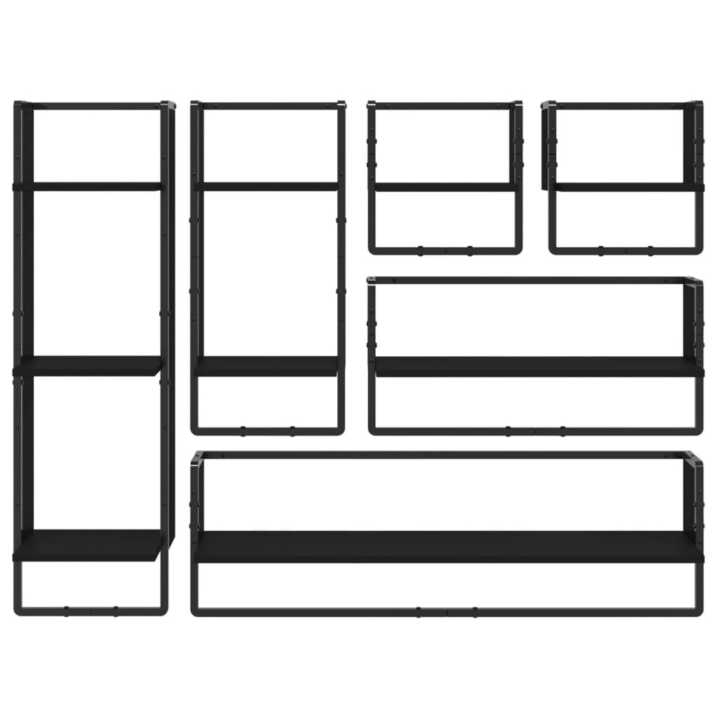 6-piece wall shelf set with rods black wood material