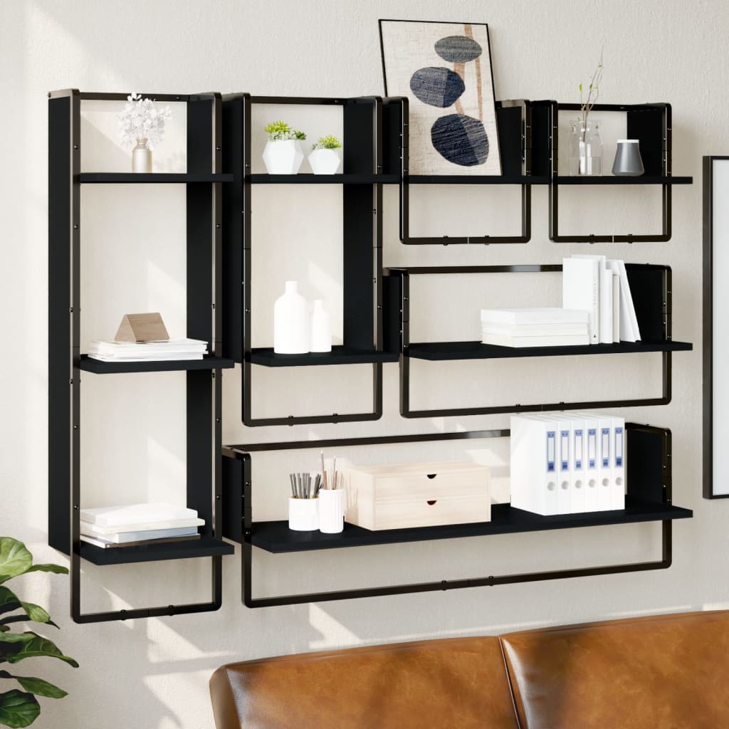 6-piece wall shelf set with rods black wood material