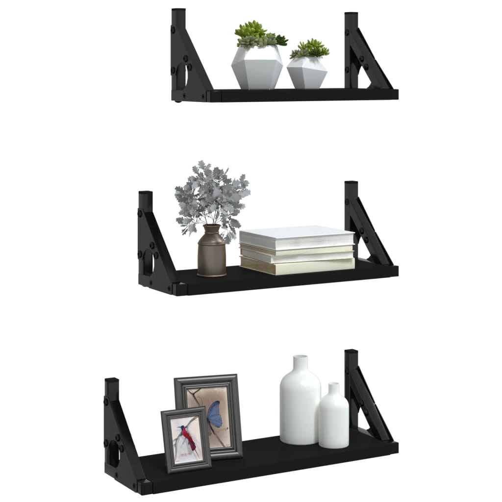 3-piece wall shelf set black wood material