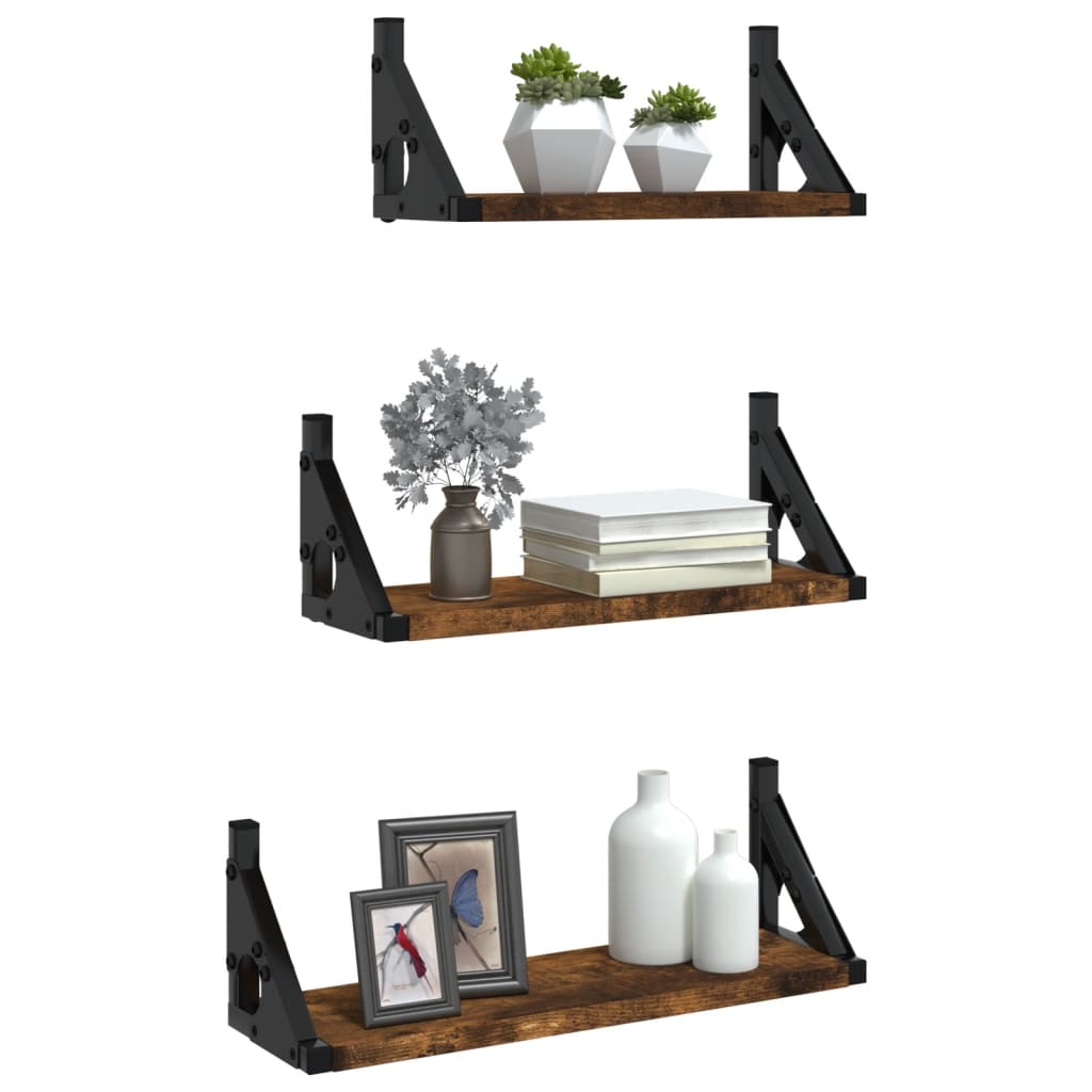 3-piece wall shelf set smoked oak wood material