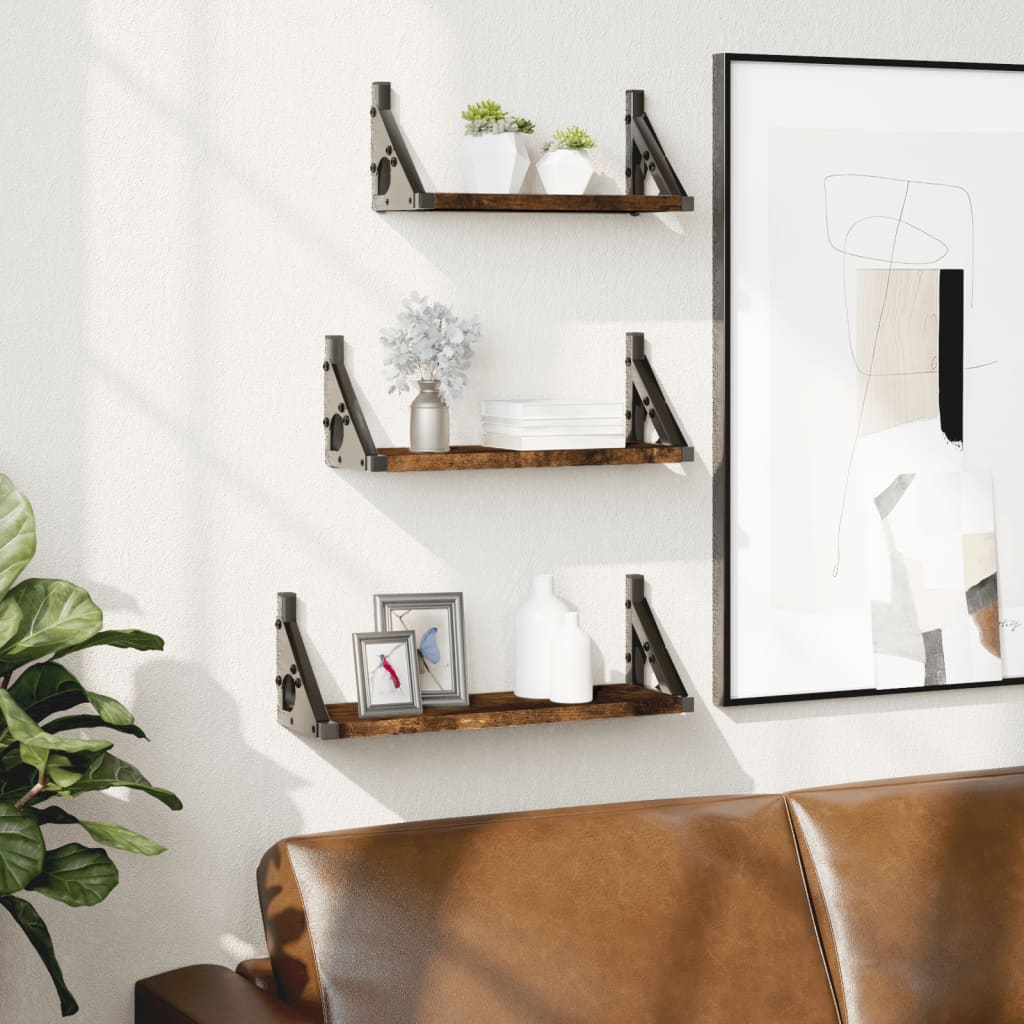 3-piece wall shelf set smoked oak wood material