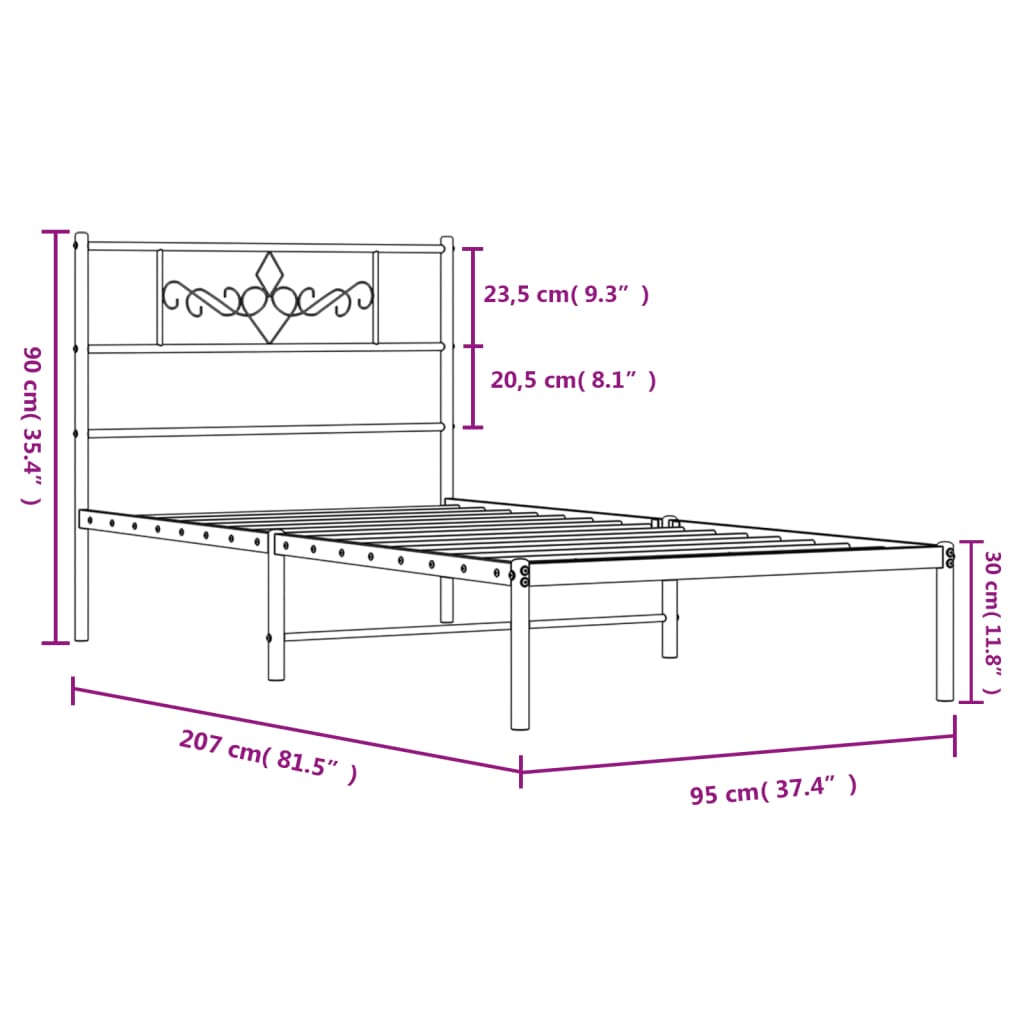 Bed frame with headboard metal black 90x200 cm