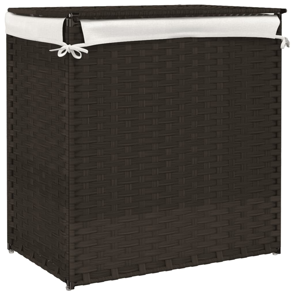 Panier à linge avec 2 compartiments marron foncé 53x35x57 cm poly rotin