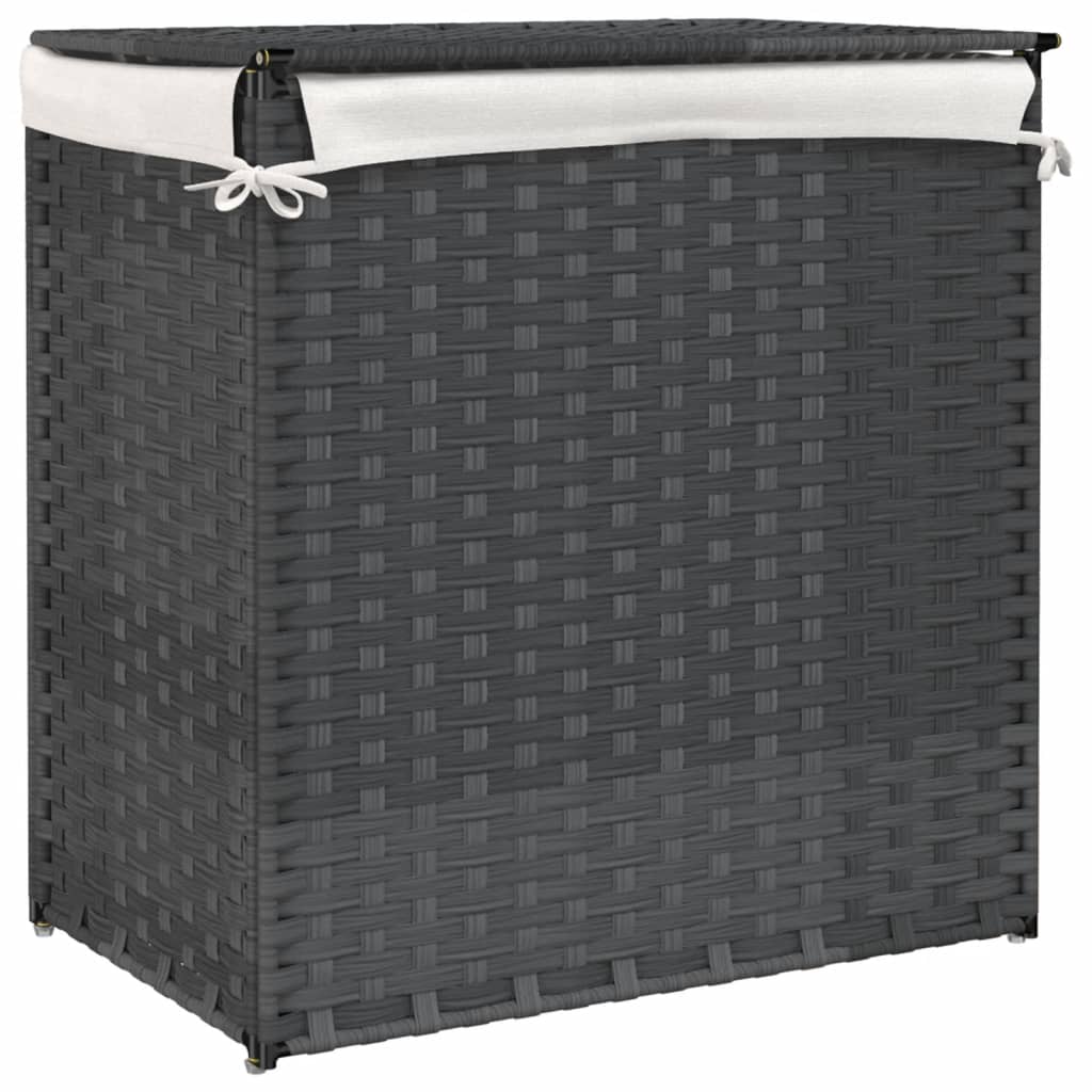 Laundry Basket with 2 Compartments Grey 53x35x57 cm Poly Rattan