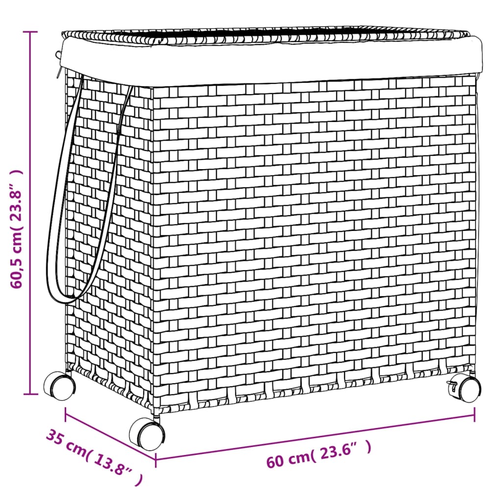 Laundry Basket with Wheels Grey 60x35x60.5 cm Rattan