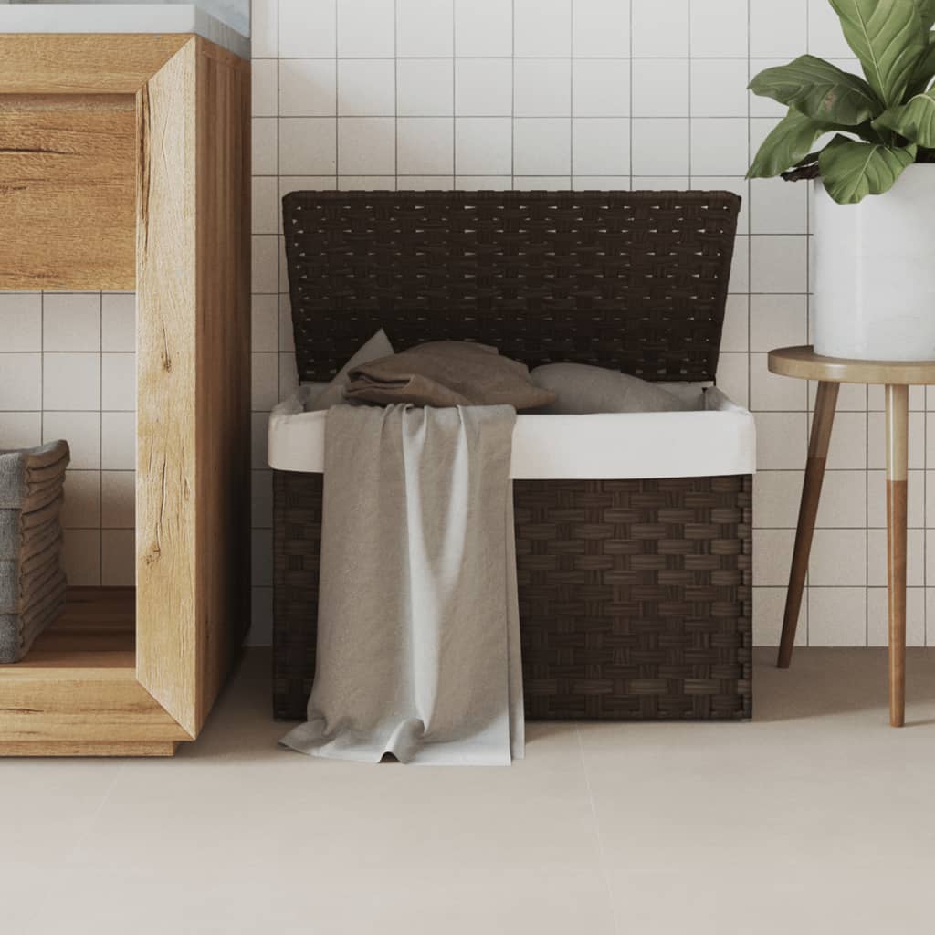 Laundry basket with lid dark brown 55.5x35x34 cm poly rattan