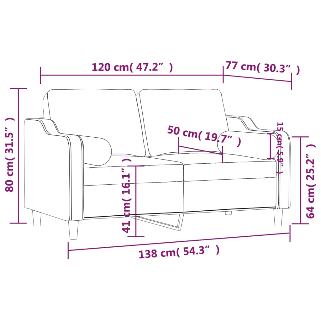 Canapé 2 places avec coussins décoratifs en tissu rouge vin 120 cm