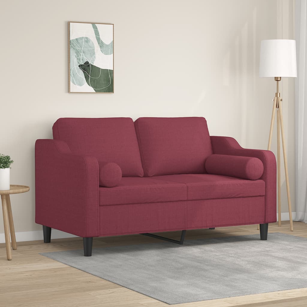 Canapé 2 places avec coussins décoratifs en tissu rouge vin 120 cm