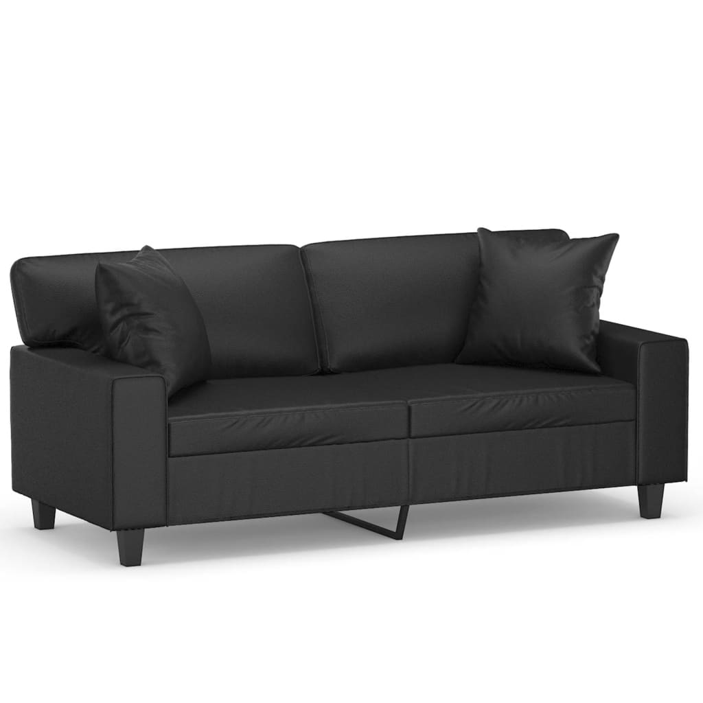 2-seater sofa with decorative cushions, black, 140 cm, faux leather