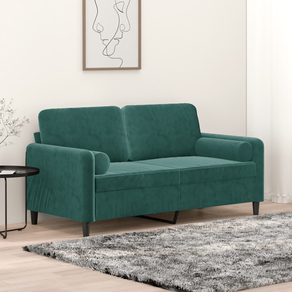 2-seater sofa with decorative cushions dark green 140 cm velvet