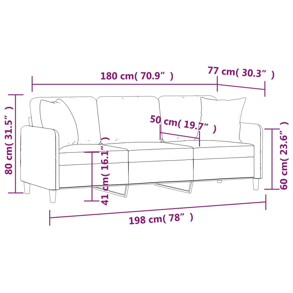 3-seater sofa with decorative cushions, black, 180 cm fabric