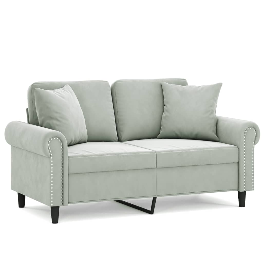 2-seater sofa with decorative cushions light grey 120 cm velvet