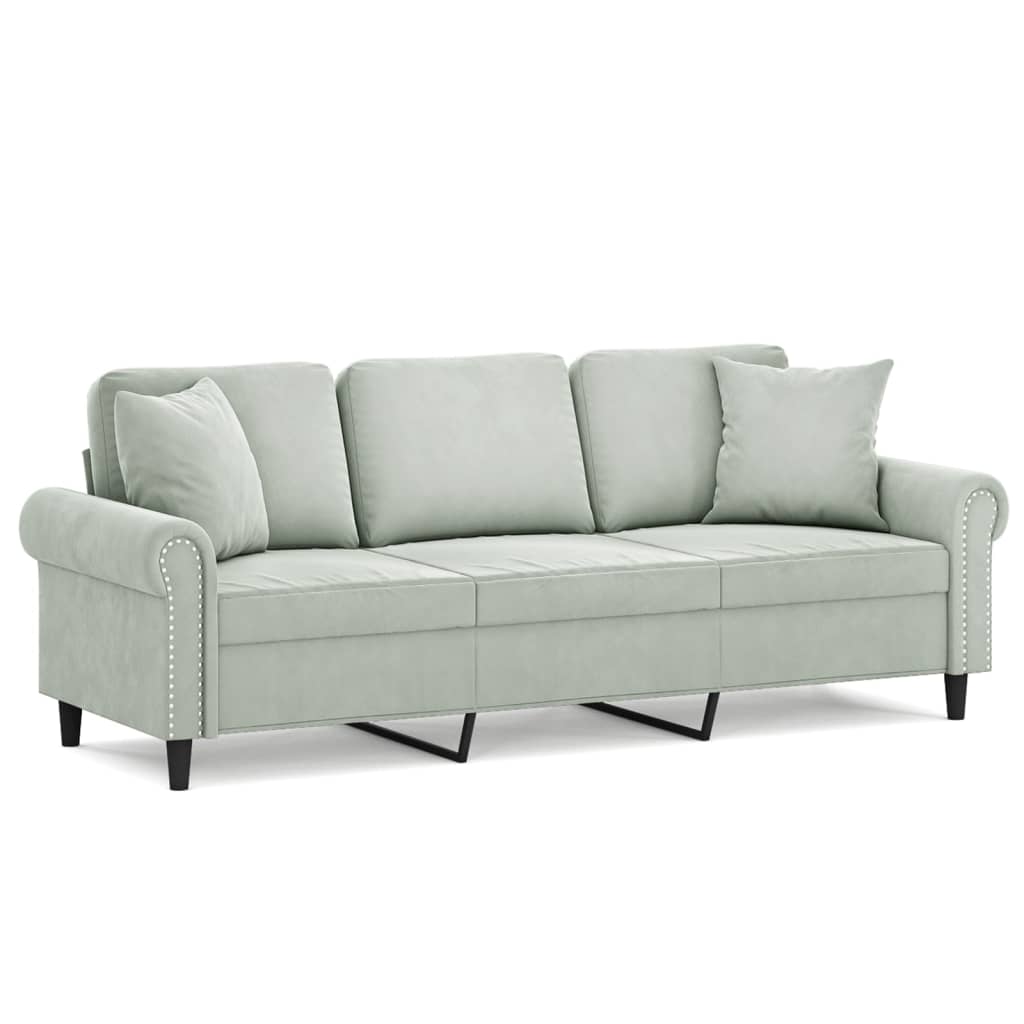 3-seater sofa with decorative cushions light grey 180 cm velvet