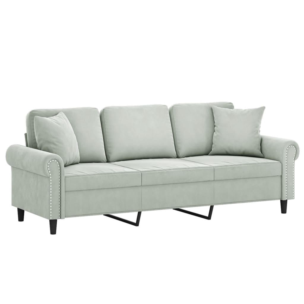 3-seater sofa with decorative cushions light grey 180 cm velvet