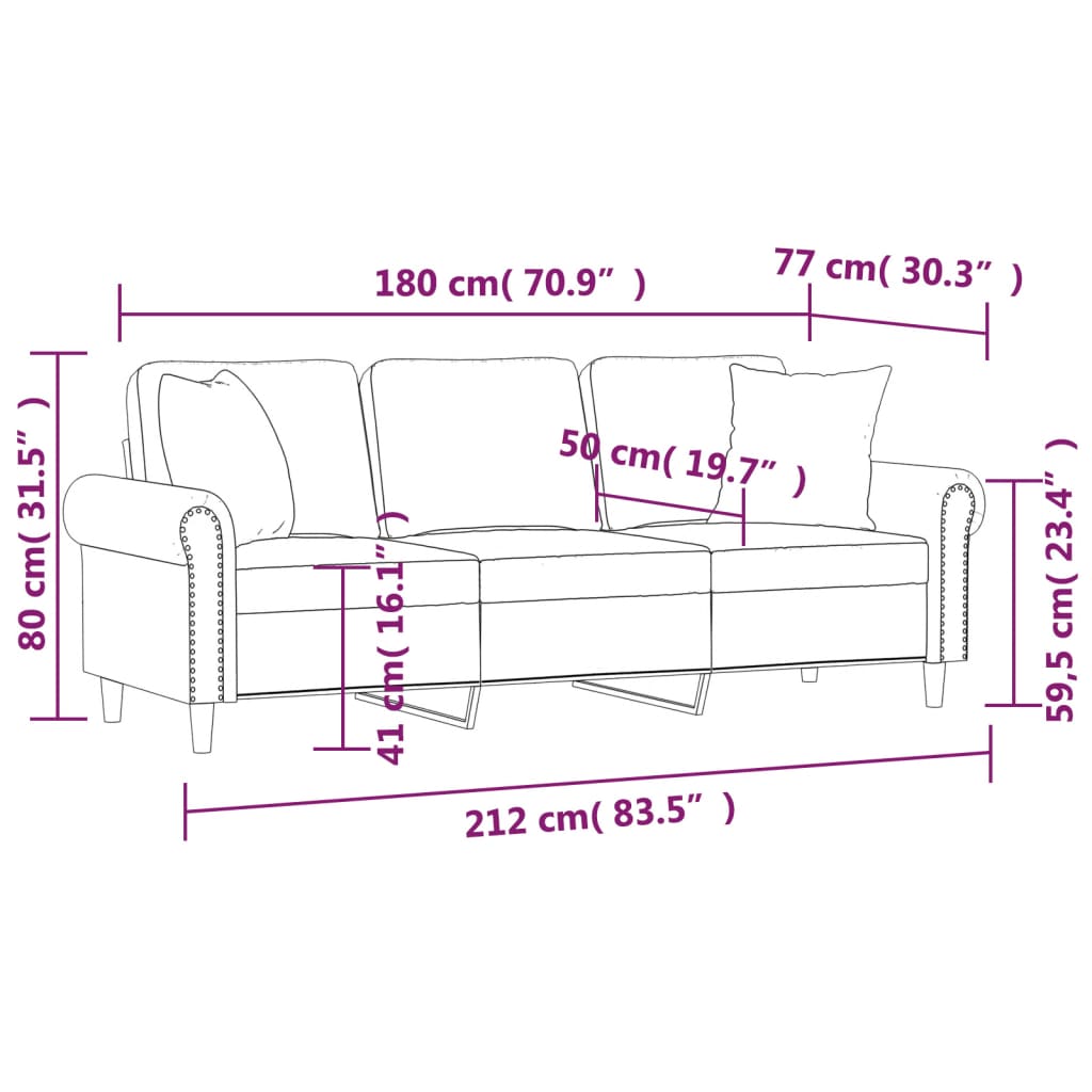 3-seater sofa with decorative cushions light grey 180 cm velvet