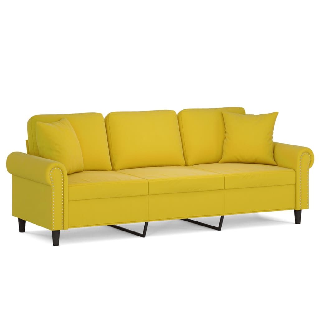 3-seater sofa with decorative cushions yellow 180 cm velvet