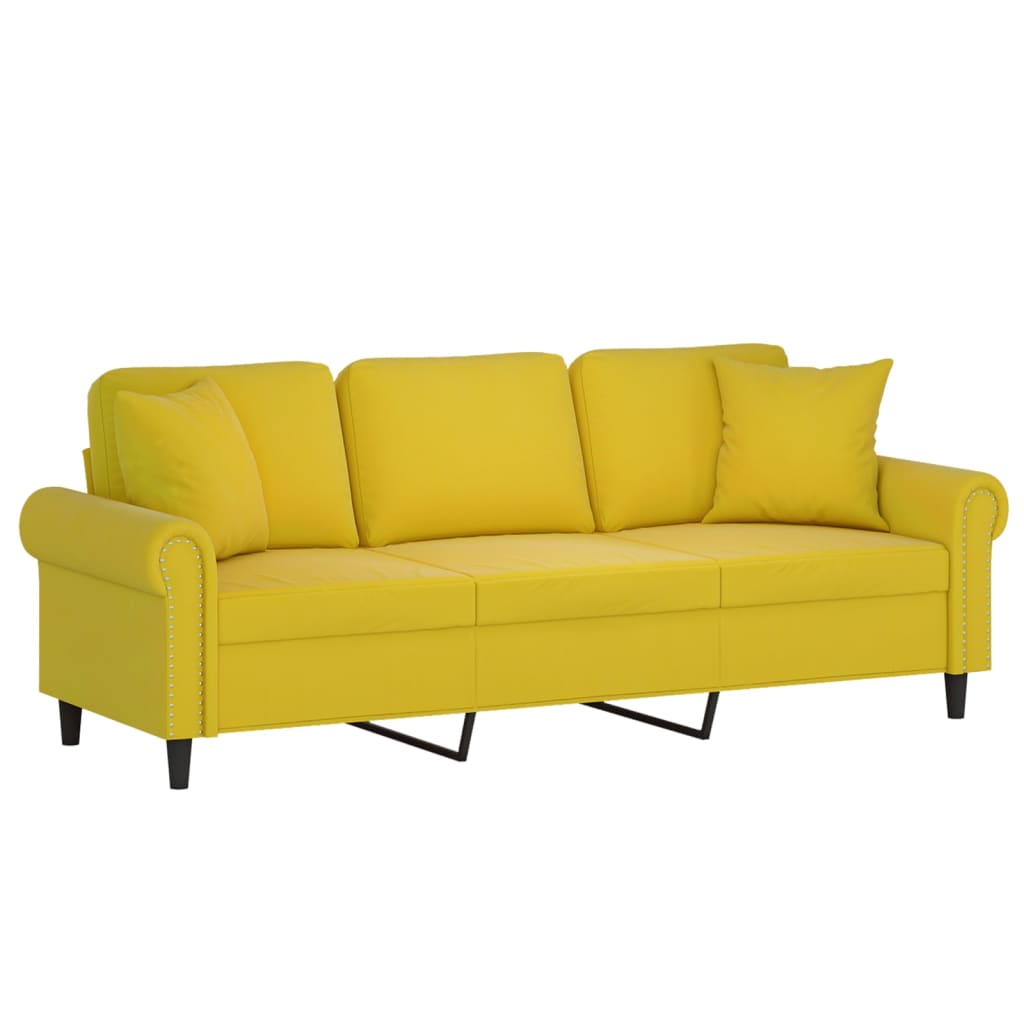 3-seater sofa with decorative cushions yellow 180 cm velvet